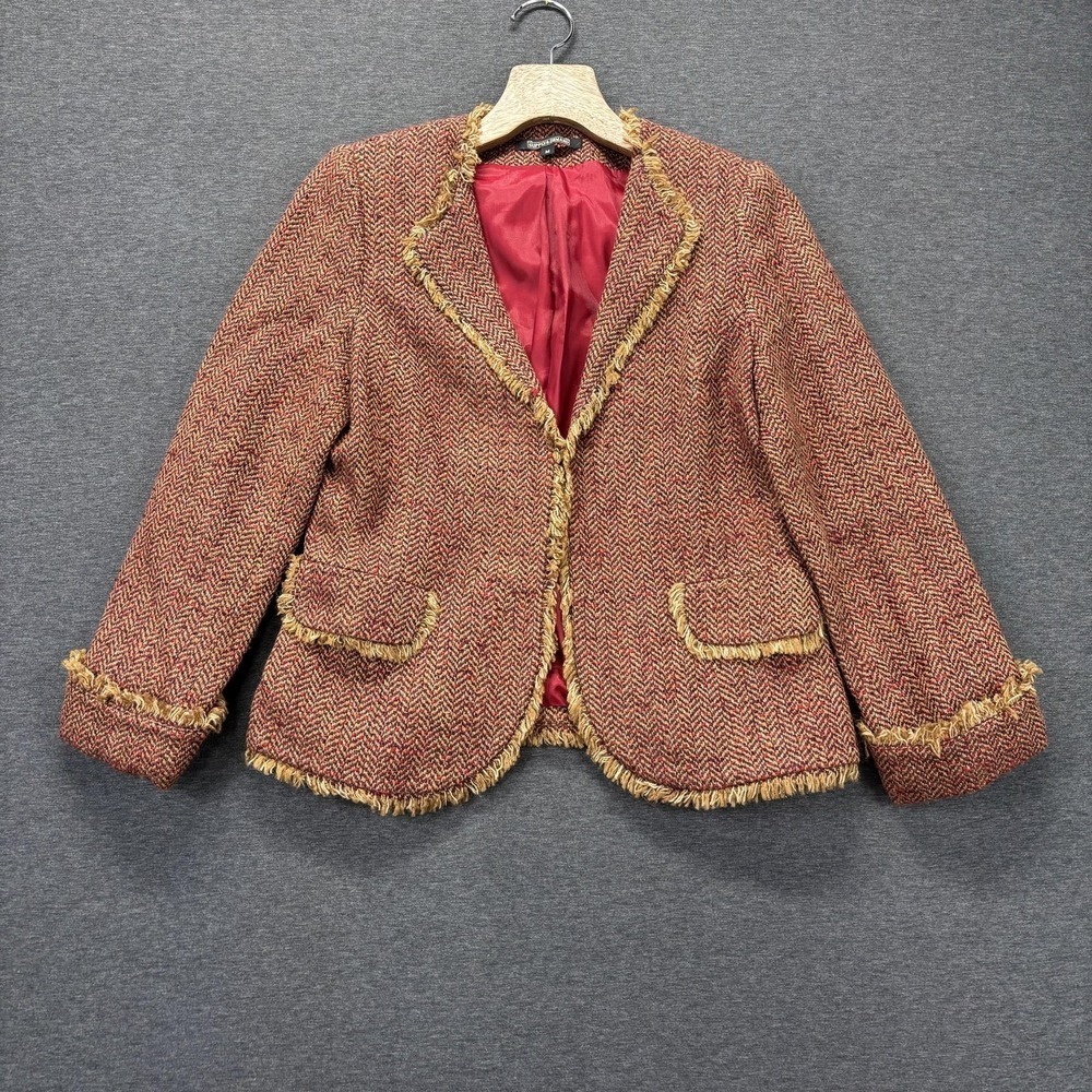 Supply & Demand Blazer Jacket Womens Medium Red Herringbone Tweed Wool Fringe